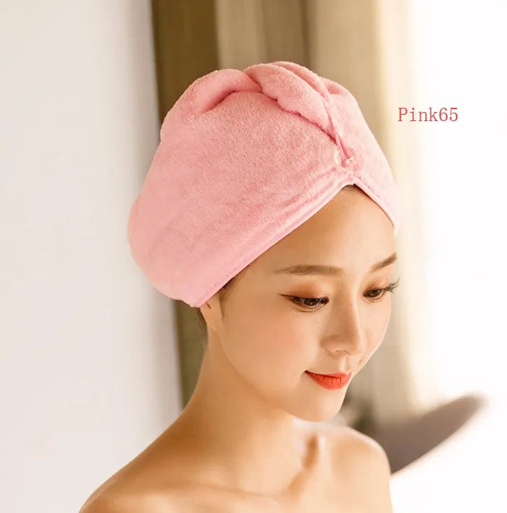 Soft microfiber hair dryer cap for women, shown in assorted colours, measuring 60cm by 25cm.