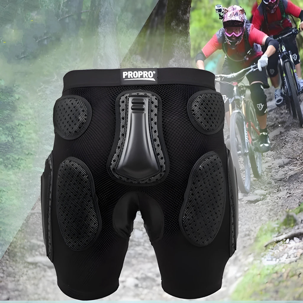 Black cycling hip pad protective pants with adjustable waistband for mountain biking and motocross