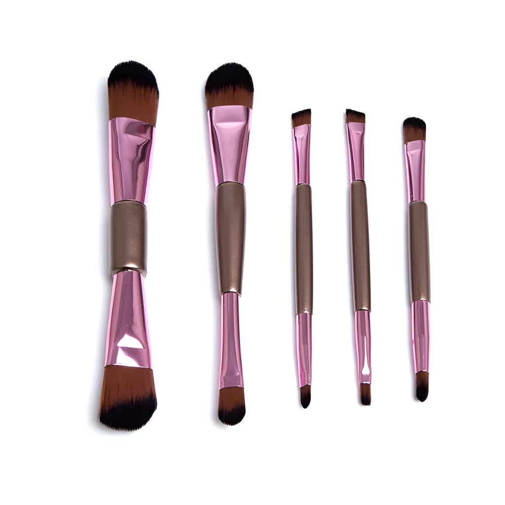 Rose gold double-ended makeup brush set of five with synthetic bristles on white background