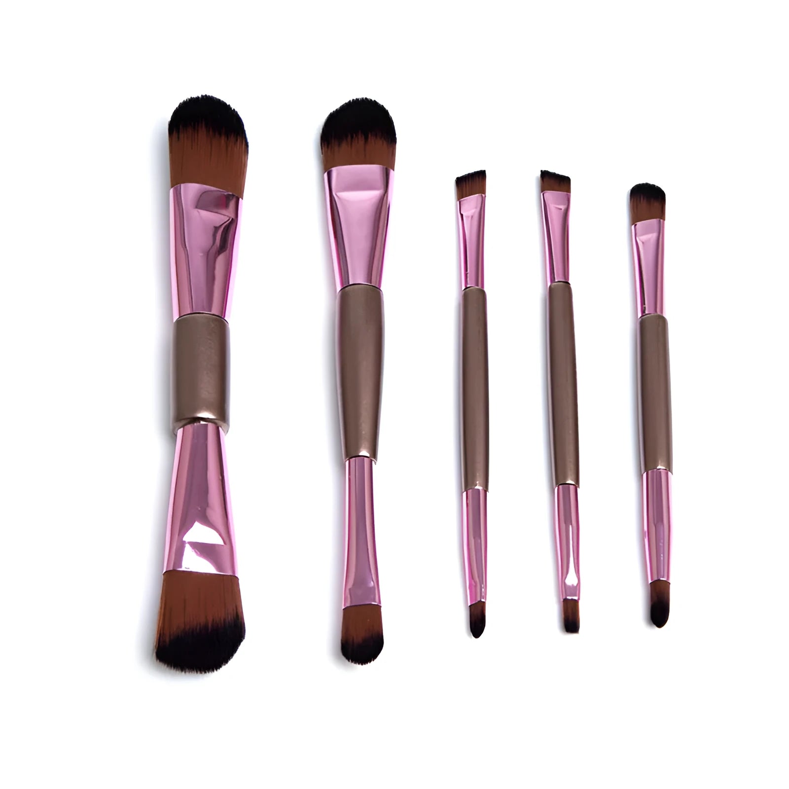 Rose gold double-ended makeup brush set of five with synthetic bristles on white background