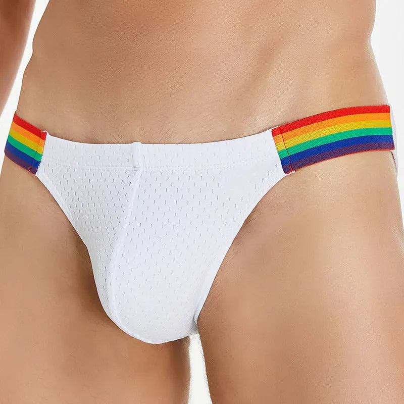 Men's low waist nylon mesh briefs with rainbow waistband in black, white, and dark blue solid colours