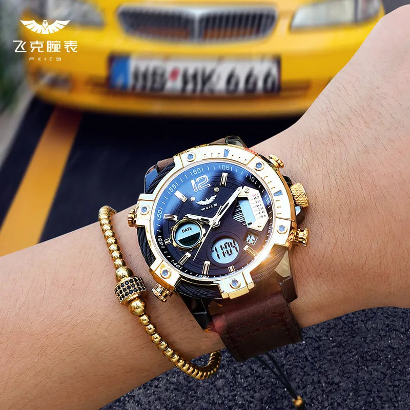 Men's 48mm luminous quartz watch with leather strap, stainless steel case, and mineral glass dial