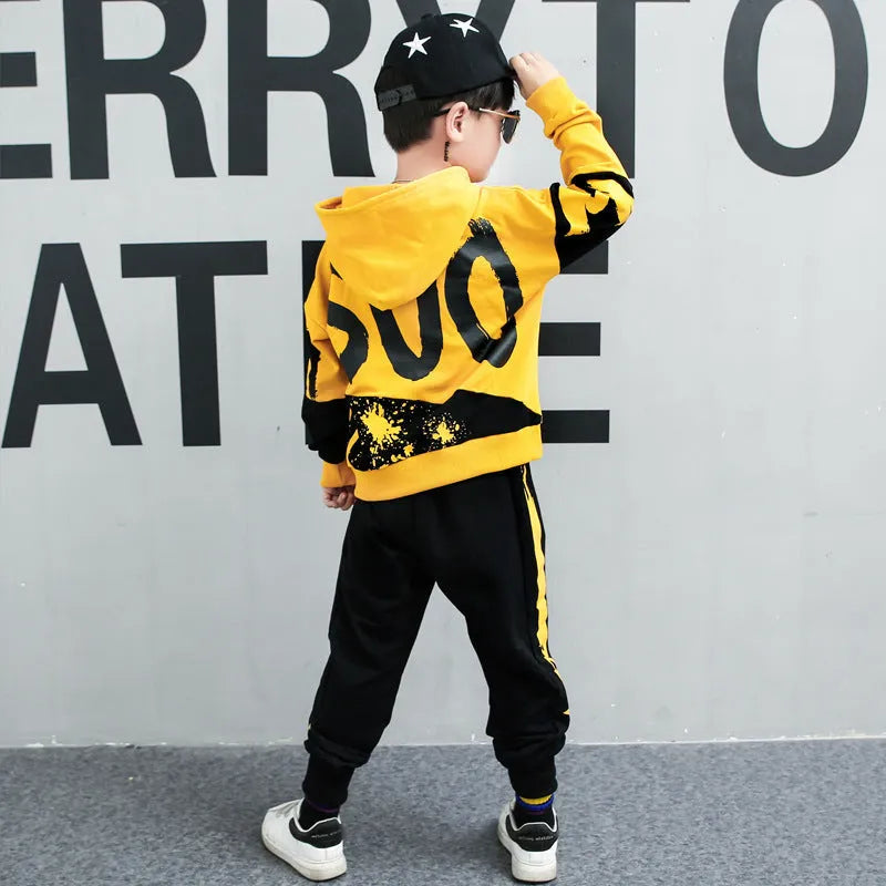Boy's black and yellow hooded cotton sports suit two-piece set with long sleeves and trousers