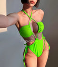 Women's drawstring one-piece swimsuit in brief style, shown in a solid colour