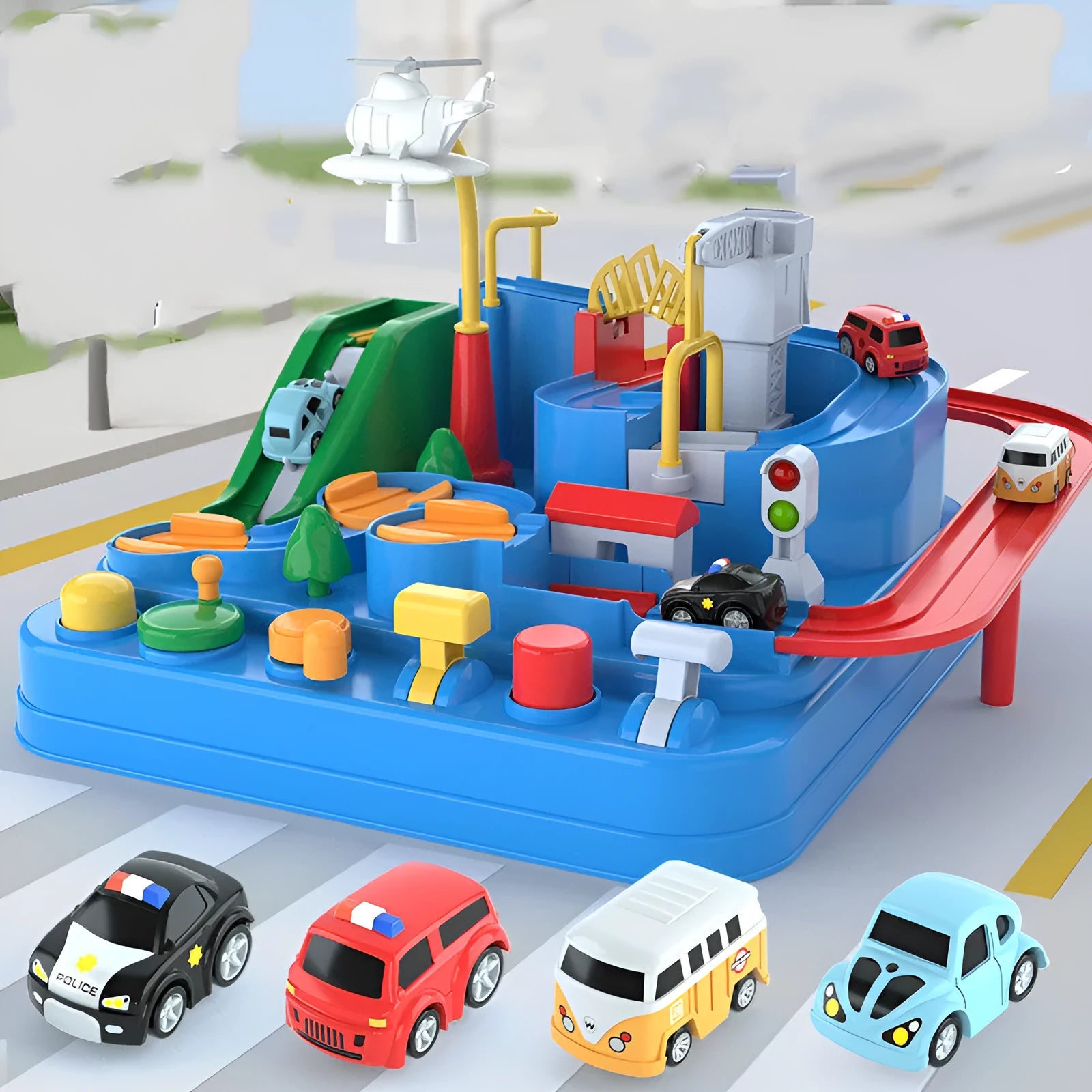 Big Adventure plastic toy set with multi-level parking garage, car tracks, and toy vehicles laid out for play.