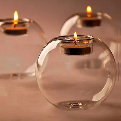 Handmade hollow glass sphere centrepiece in European style, shown in round form on table