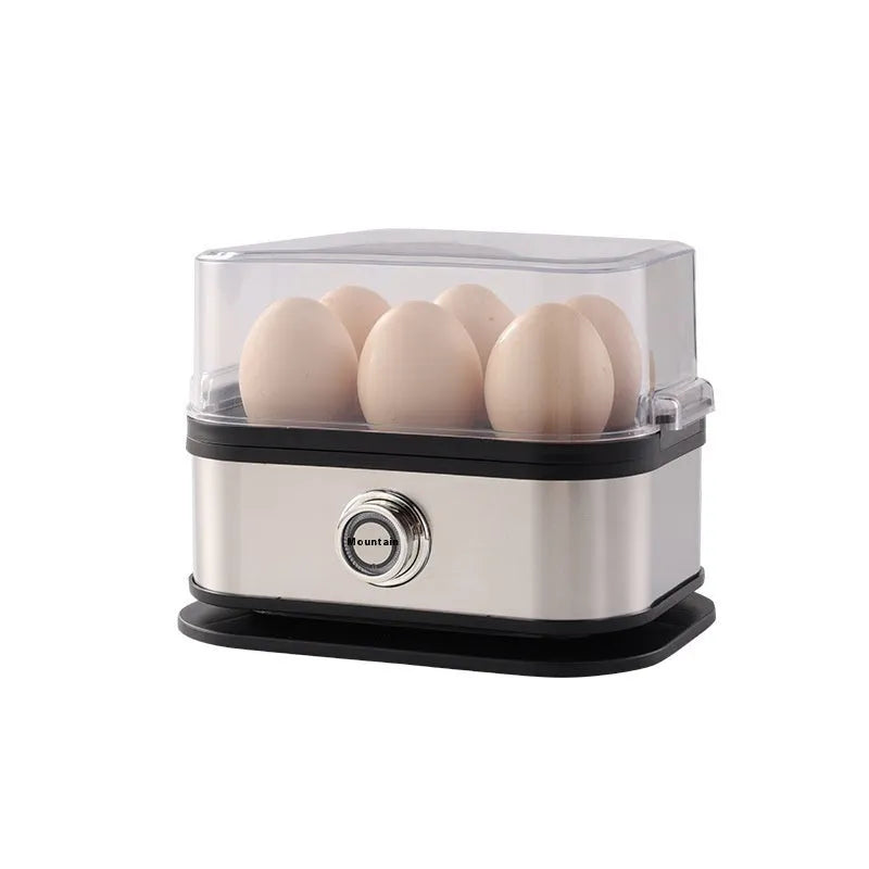 Black portable stainless steel egg boiler with a carrying belt for travel use.