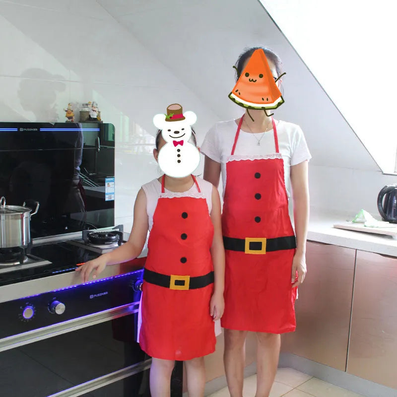 Red Christmas themed apron for adults and children with adjustable neck and waist straps