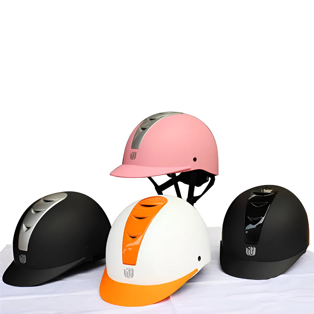 Lightweight ABS EPS equestrian helmet in bright black colour showing sizing options for horse riding