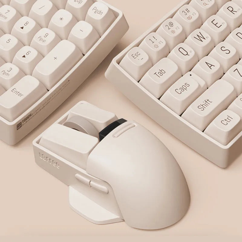 Xiaoqiao wireless mouse in tofu colour showing seven-button layout and Type-C charging port.