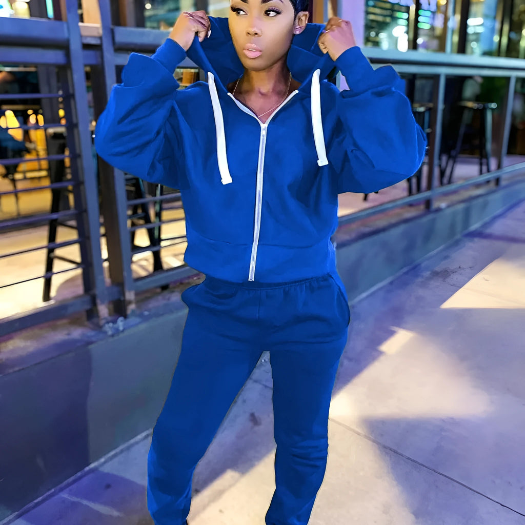 Women's casual two-piece suit with polar fleece pullover top and matching solid colour trousers