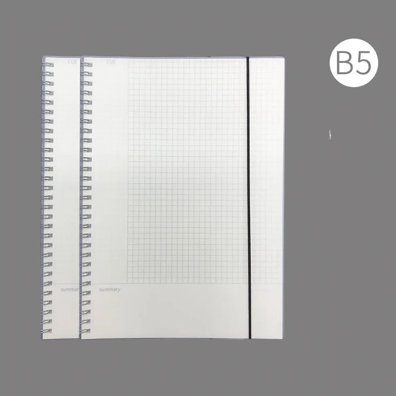 Hardcover A4 notebook with polypropylene cover, showing grid-ruled pages.