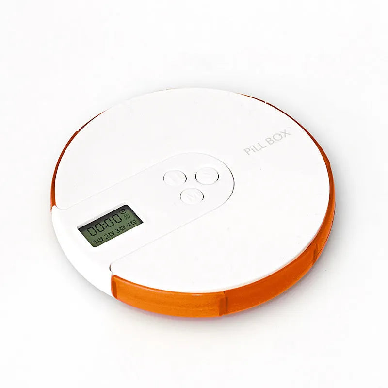 Blue 7-compartment weekly pill organiser with built-in digital alarm clock display, showing 11cm size.