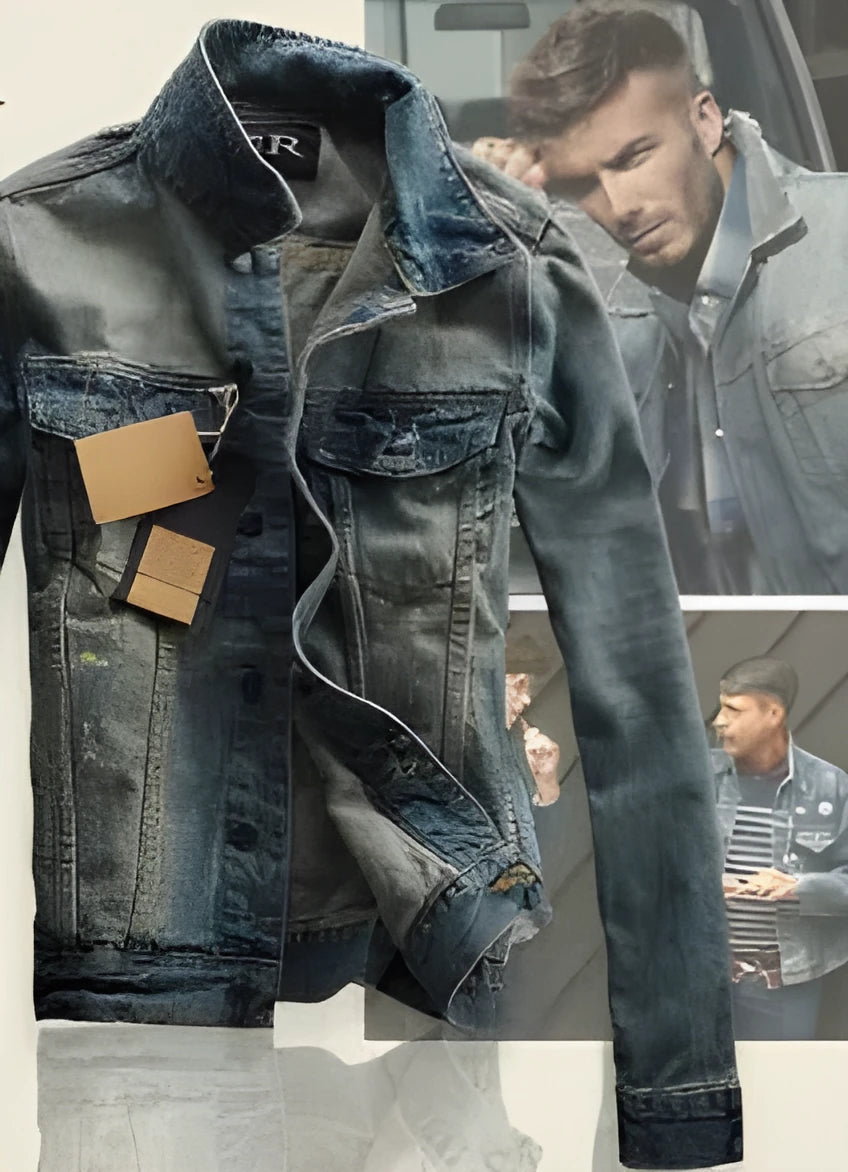 Men's straight fit cotton denim jacket in blue with chest pockets and button front on a hanger