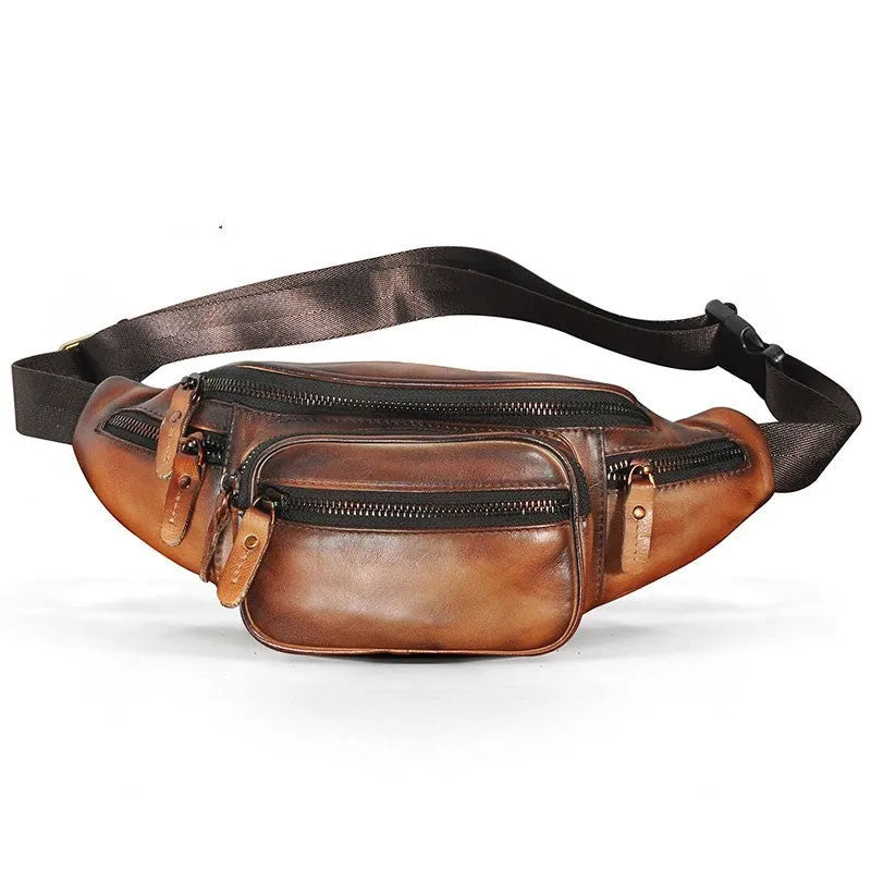 Brown leather retro shoulder messenger bag with single strap showing 32cm width dimensions