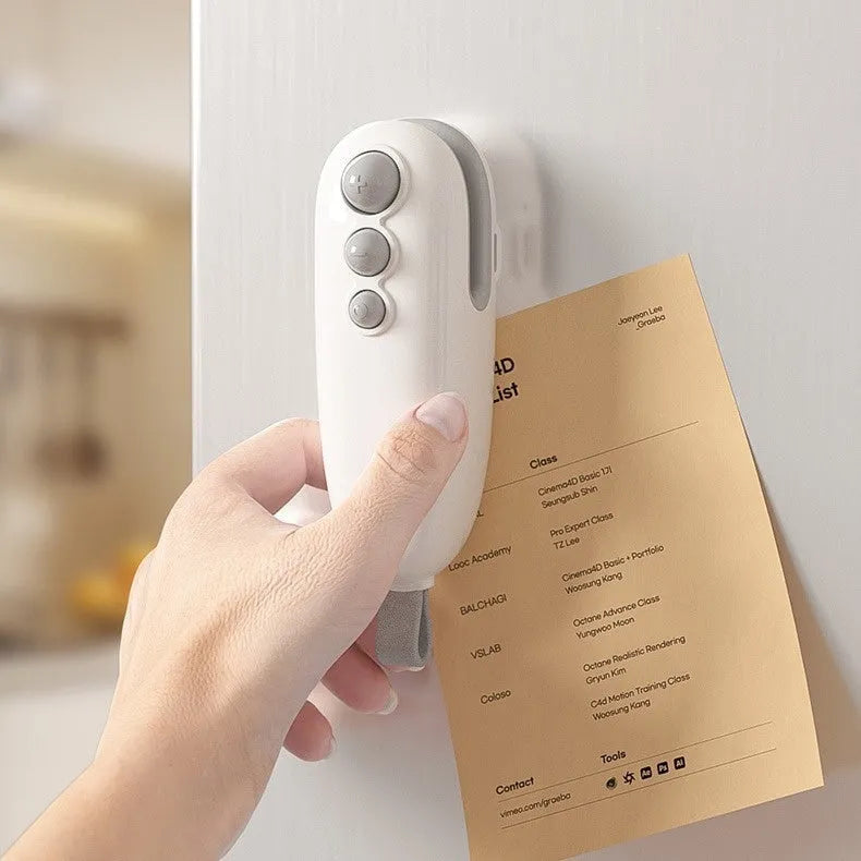 Mini automatic electric thermal sealing machine in ivory white with USB cable, ABS body, 12.2cm length