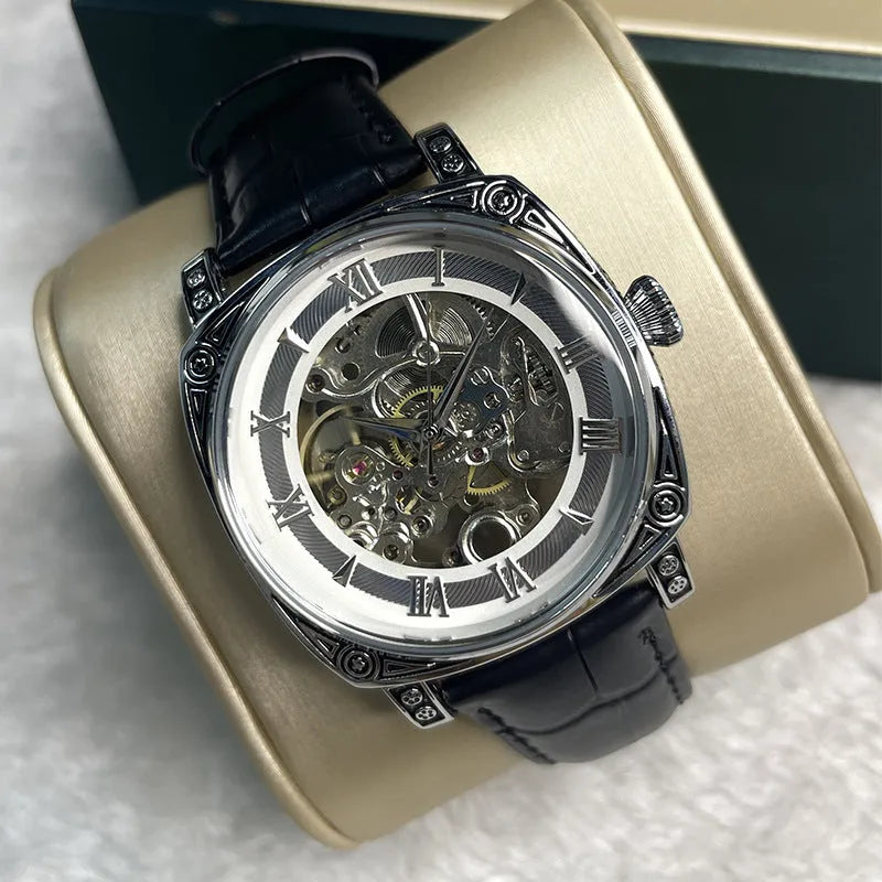 Mens hollow out business watch with white leather strap and round dial