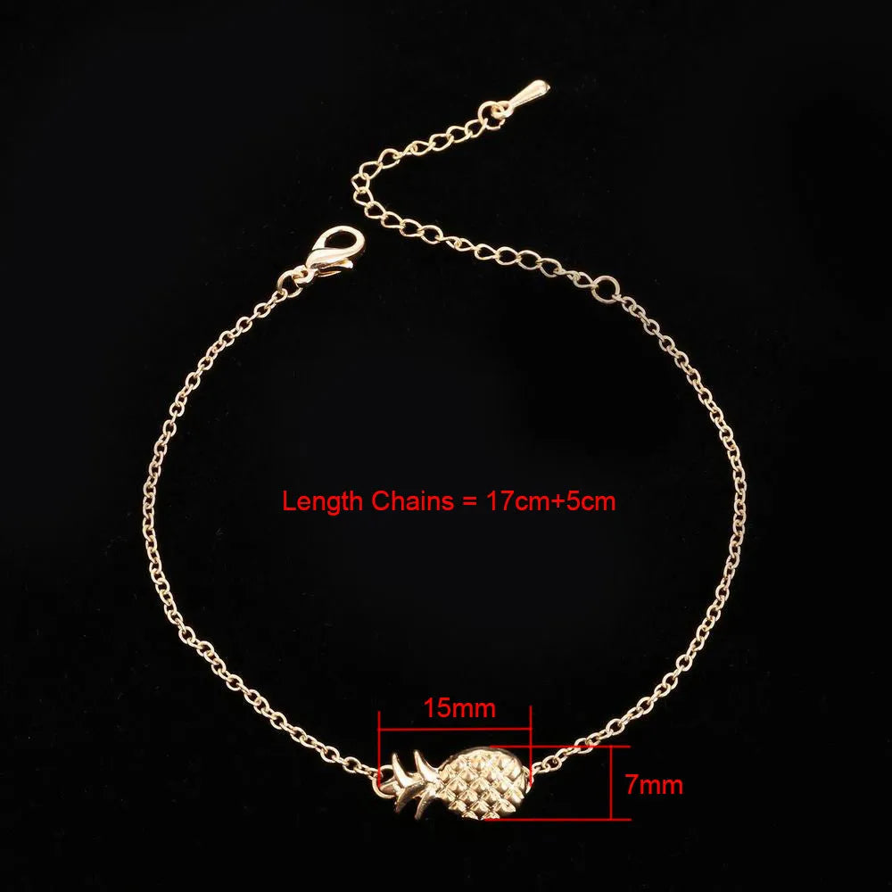 Gold and silver adjustable alloy bracelets featuring a small pineapple charm on a chain.