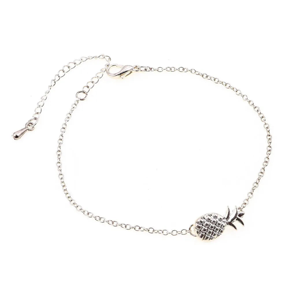Gold and silver adjustable alloy bracelets featuring a small pineapple charm on a chain.
