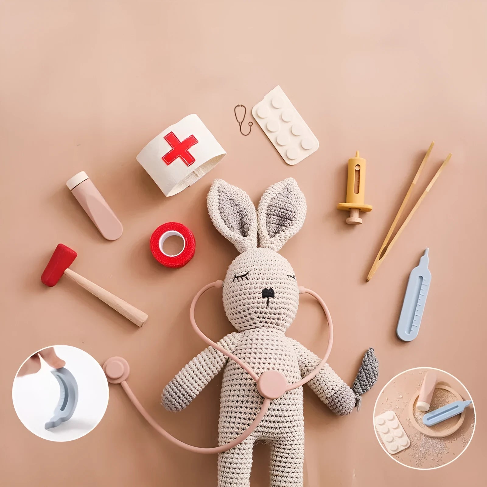 Wooden children's doctor play set with stethoscope educational toy in cloth bag packaging