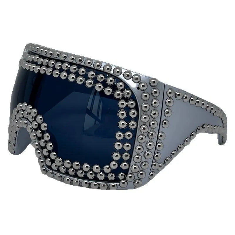 Men's silver punk sunglasses with large square frames and rivet details on the temples