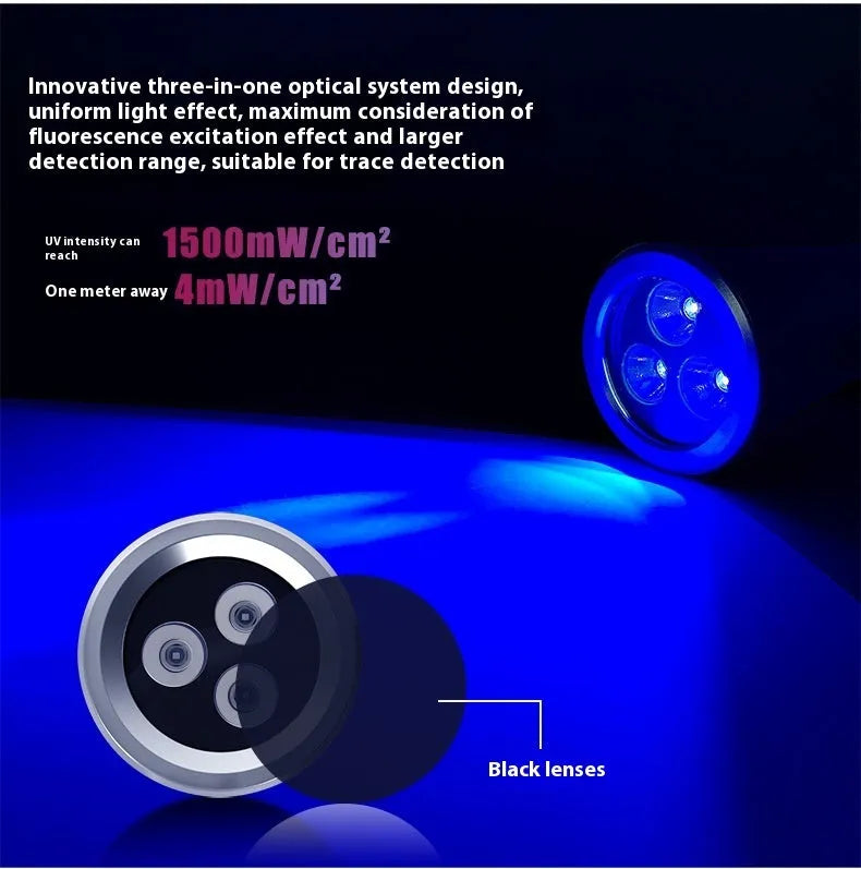 Black anodised aluminium UV flashlight for detecting pet urine stains and insects.