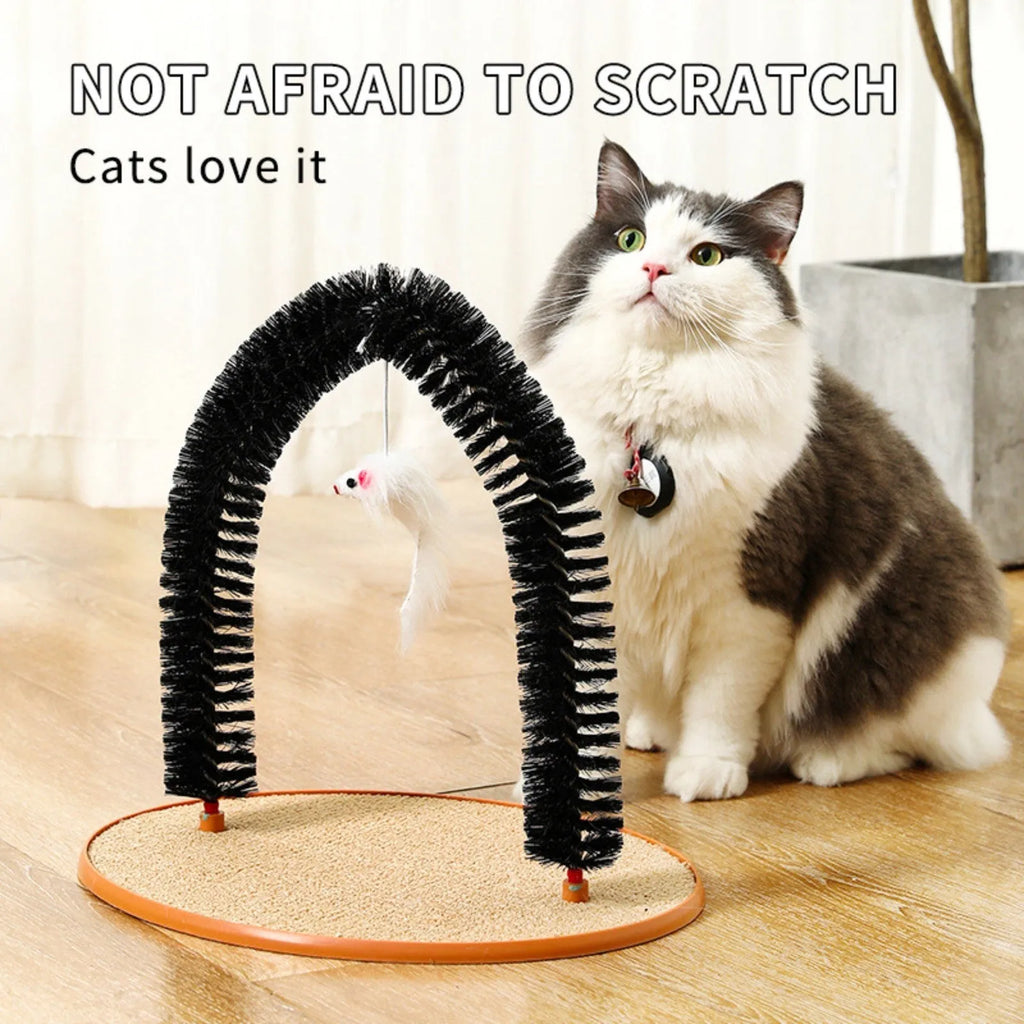 Black arch-shaped cat scratching post with brush, attached plush mouse toy, and non-slip base.