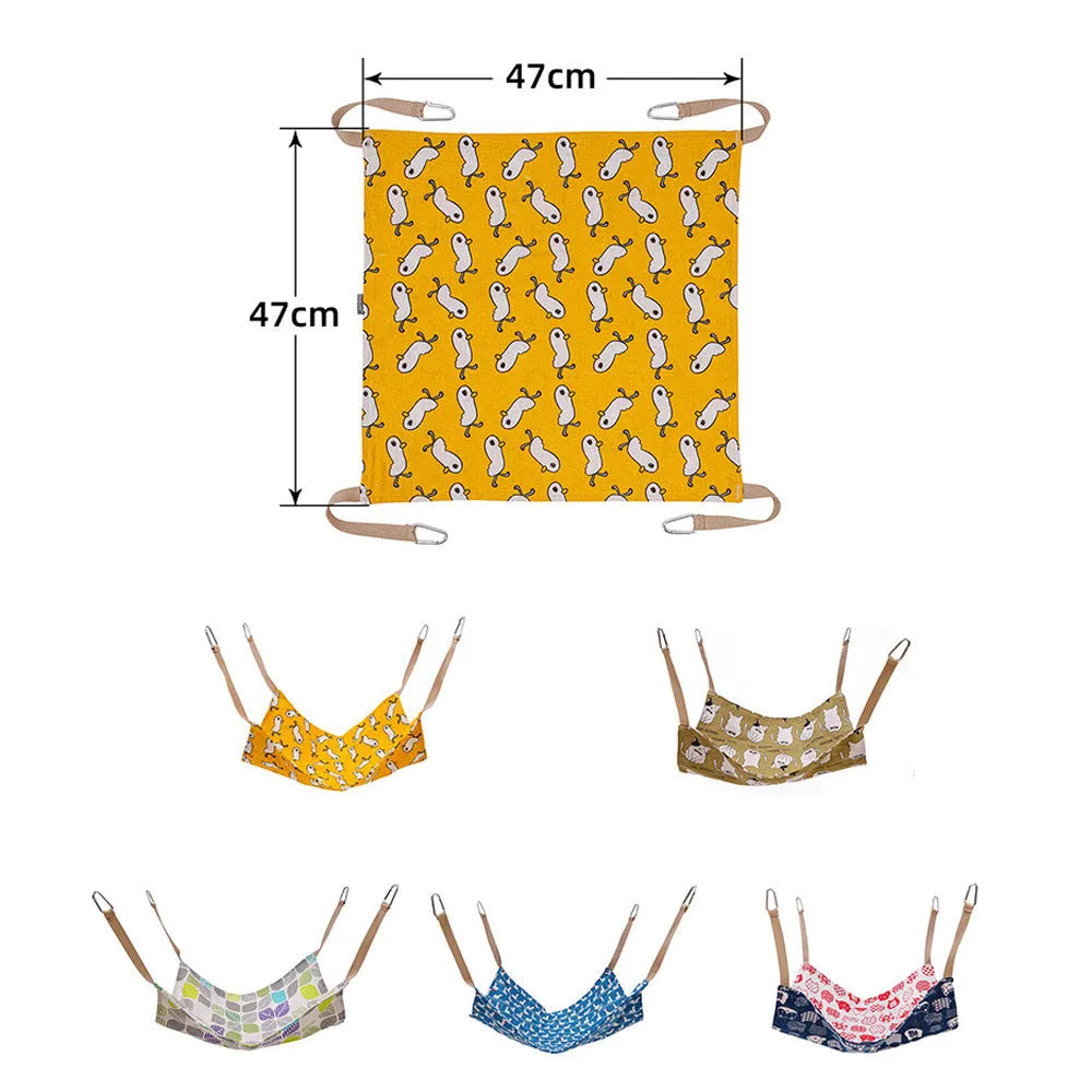 Yellow multicolour cotton linen cat hammock bed with hanging hook, measuring 47cm square.