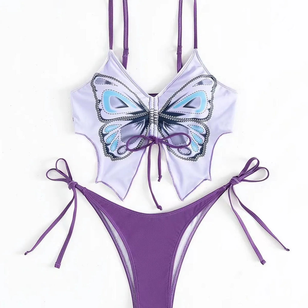 Women's purple bikini set with bow detail and high-leg side split design on briefs