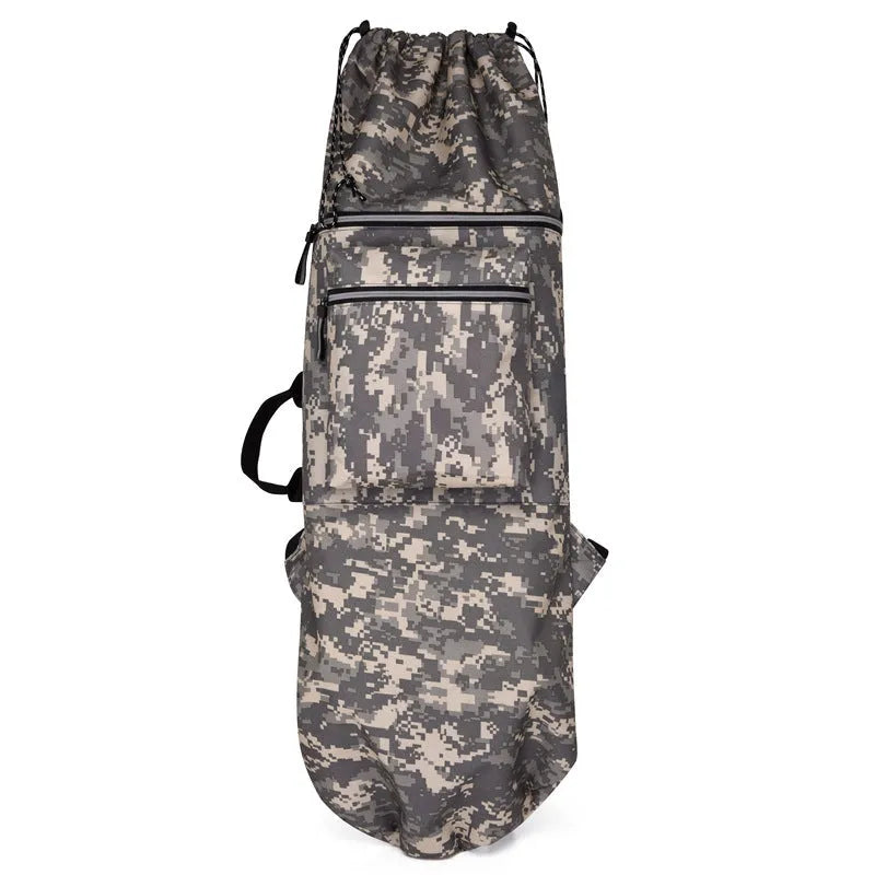 Black waterproof nylon skateboard duffel bag with long main compartment for a 90cm board or fishing rods.