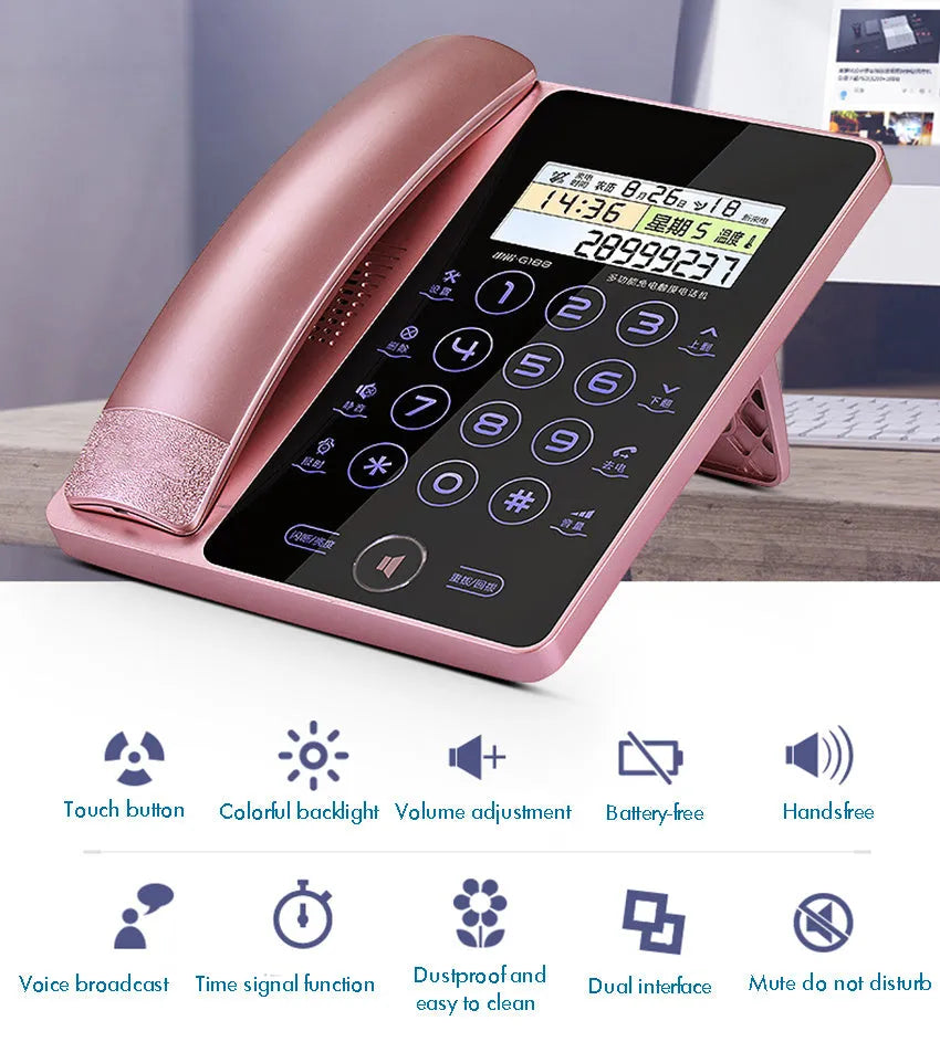 G188 gold and pink touch screen fixed telephone landline with handset