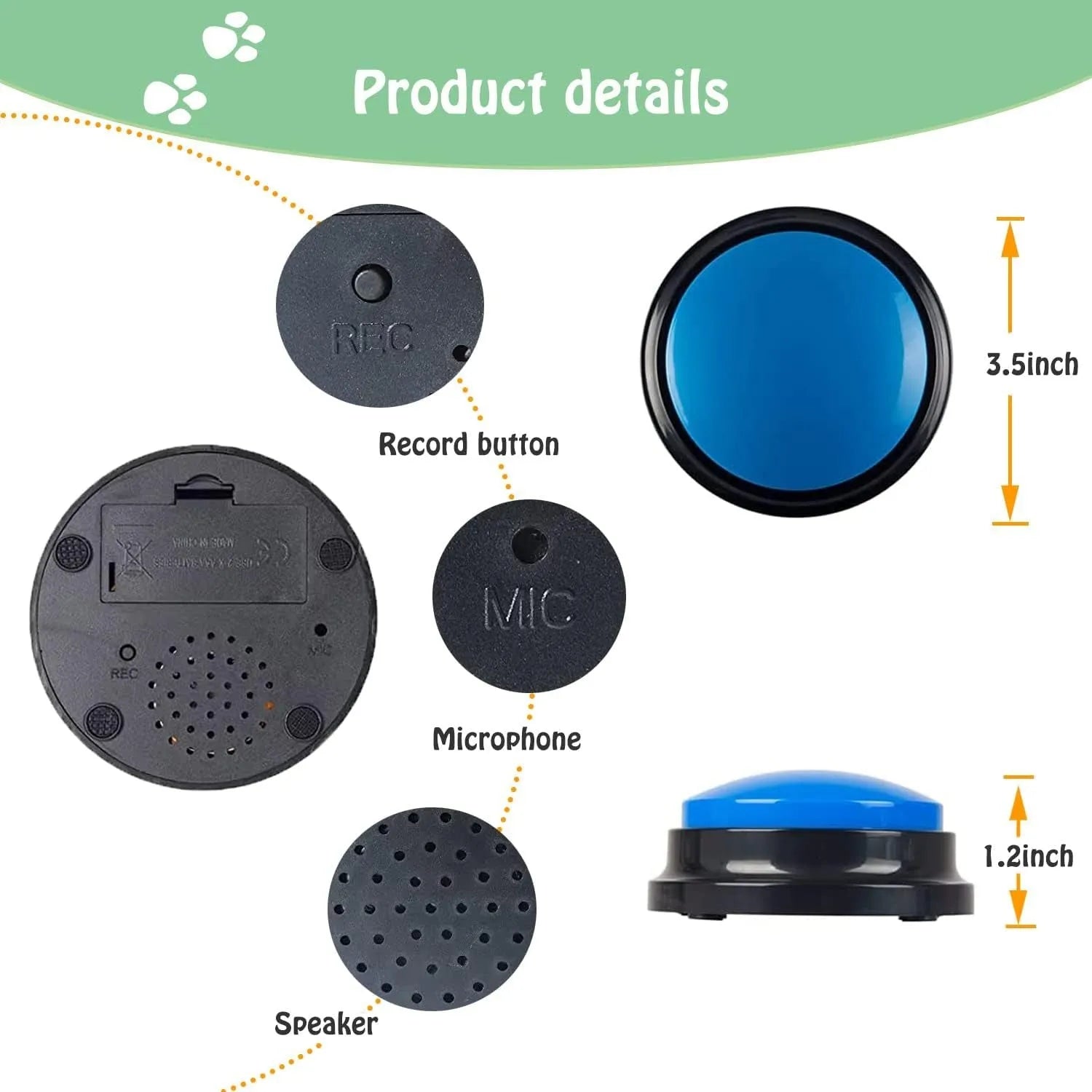 Colourful voice recording button for dog training with record and playback function.