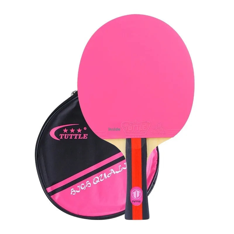 Colourful wood table tennis racket with shakehand grip and matching protective racket bag.