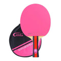 Colourful wood table tennis racket with shakehand grip and matching protective racket bag.