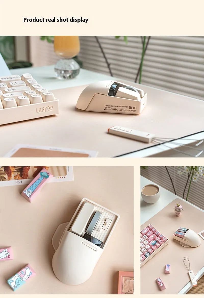 Xiaoqiao wireless mouse in tofu colour showing seven-button layout and Type-C charging port.