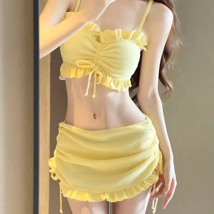 Women's milk silk bikini swimsuit in pitaya red, yellow, or black colours with two-piece design