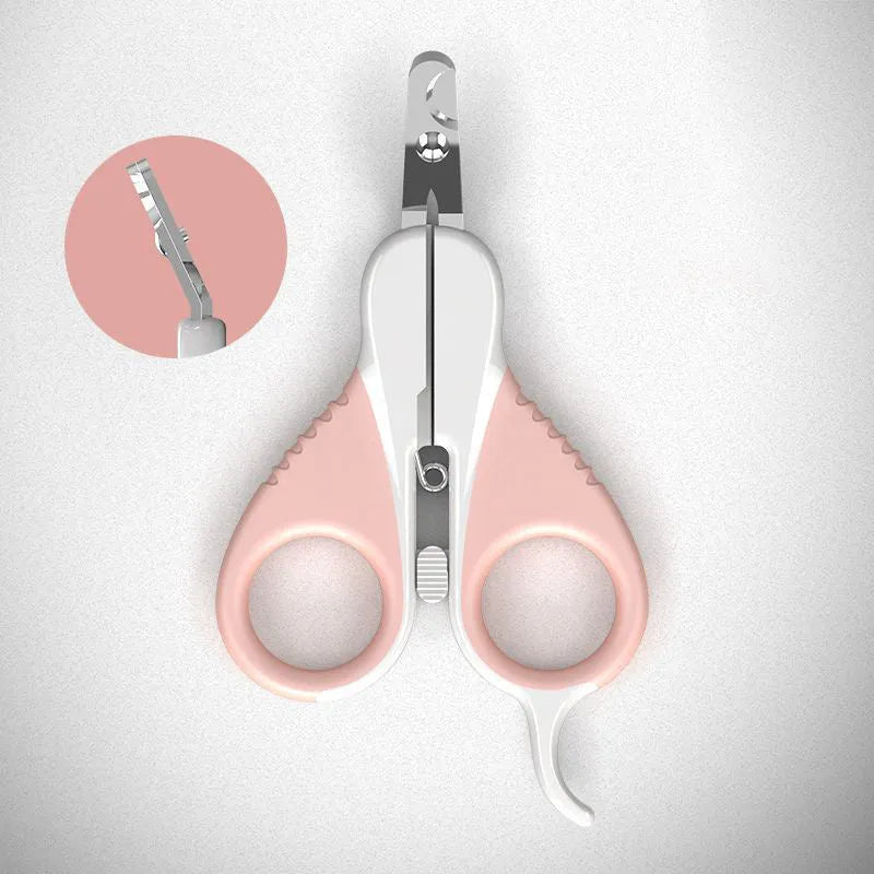 Grey and pink cat nail clippers with a safety guard and angled stainless steel blade.