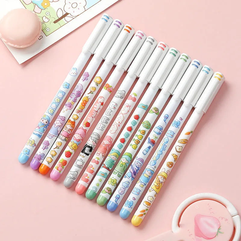Set of twelve colourful 0.5mm gel pens with plastic bodies for writing and stationery.