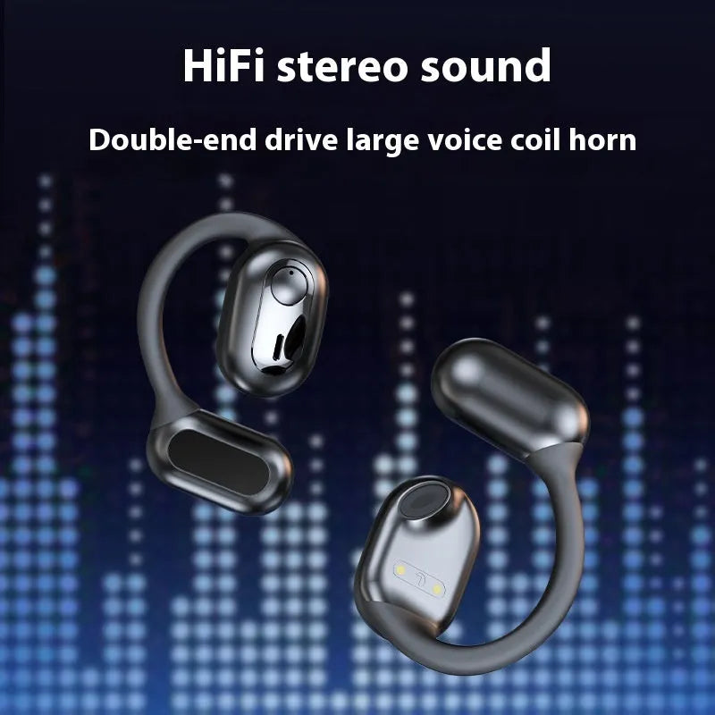Ear-mounted Bluetooth headset in electroplated black with ear hook design on white background