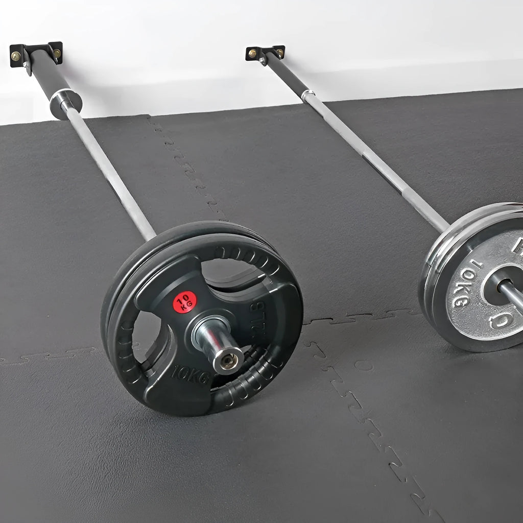 Wall-mounted steel barbell gun barrel rack holding 25 tubes with expansion screws