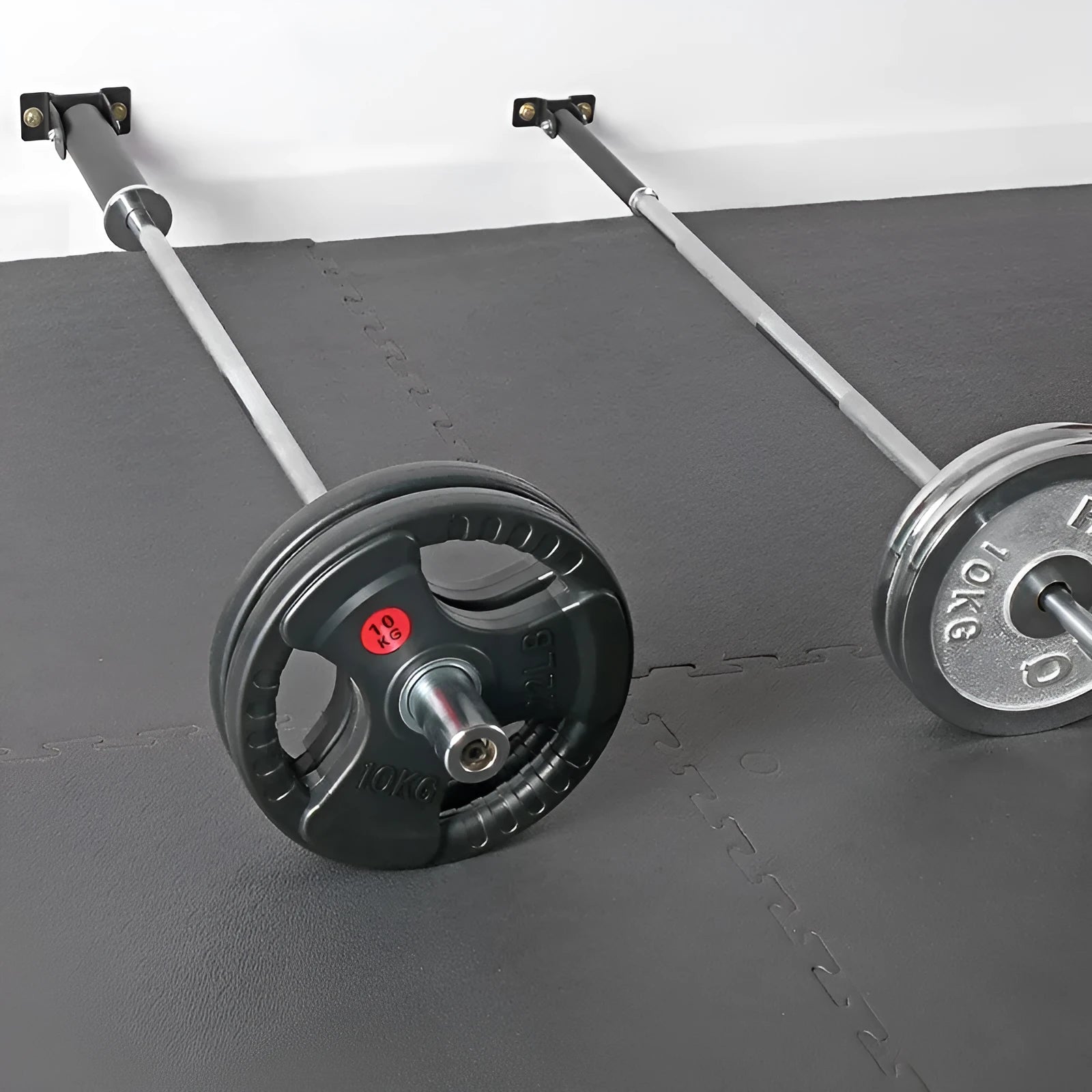 Wall-mounted steel barbell gun barrel rack holding 25 tubes with expansion screws