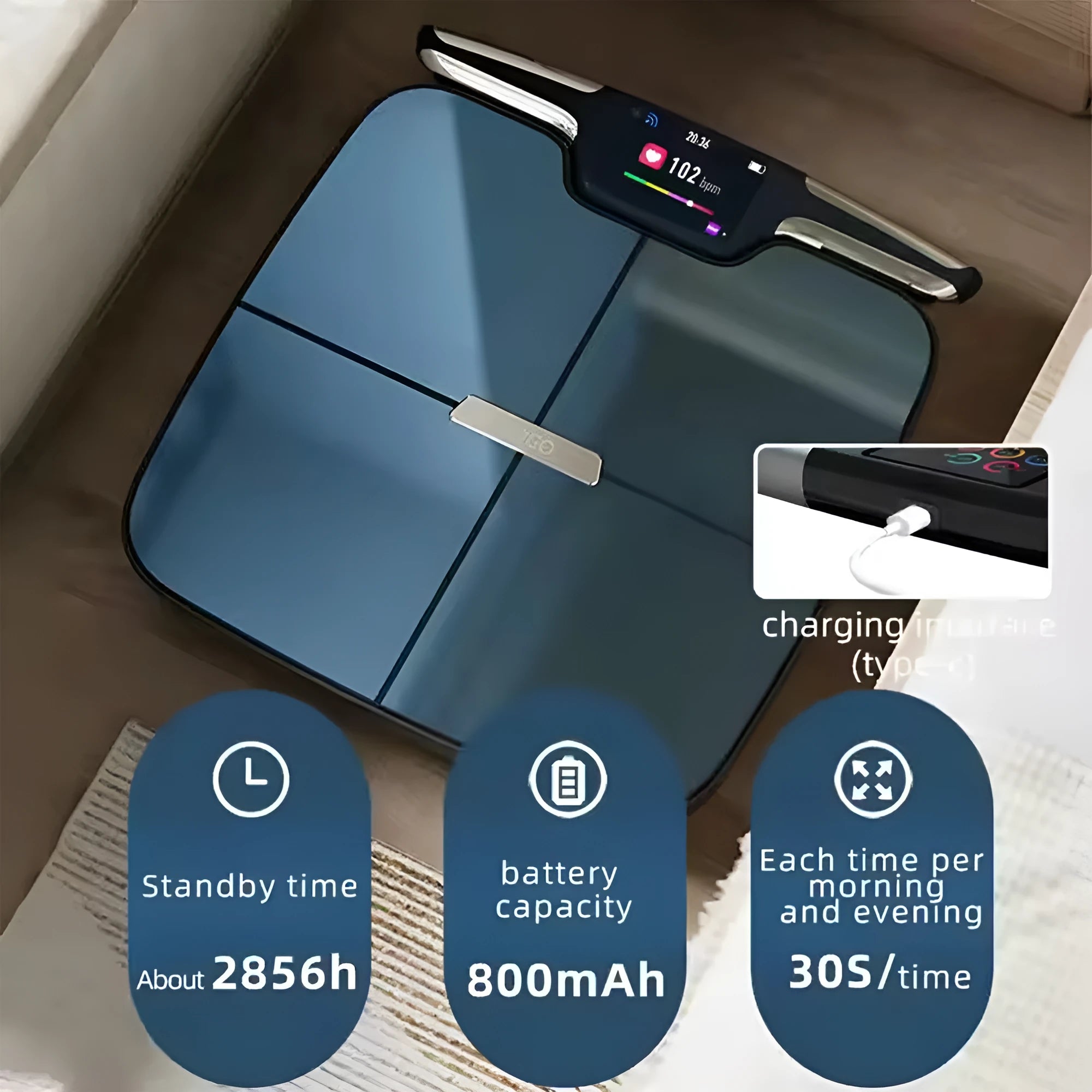 Black square eight-electrode intelligent body fat weighing scale on a floor