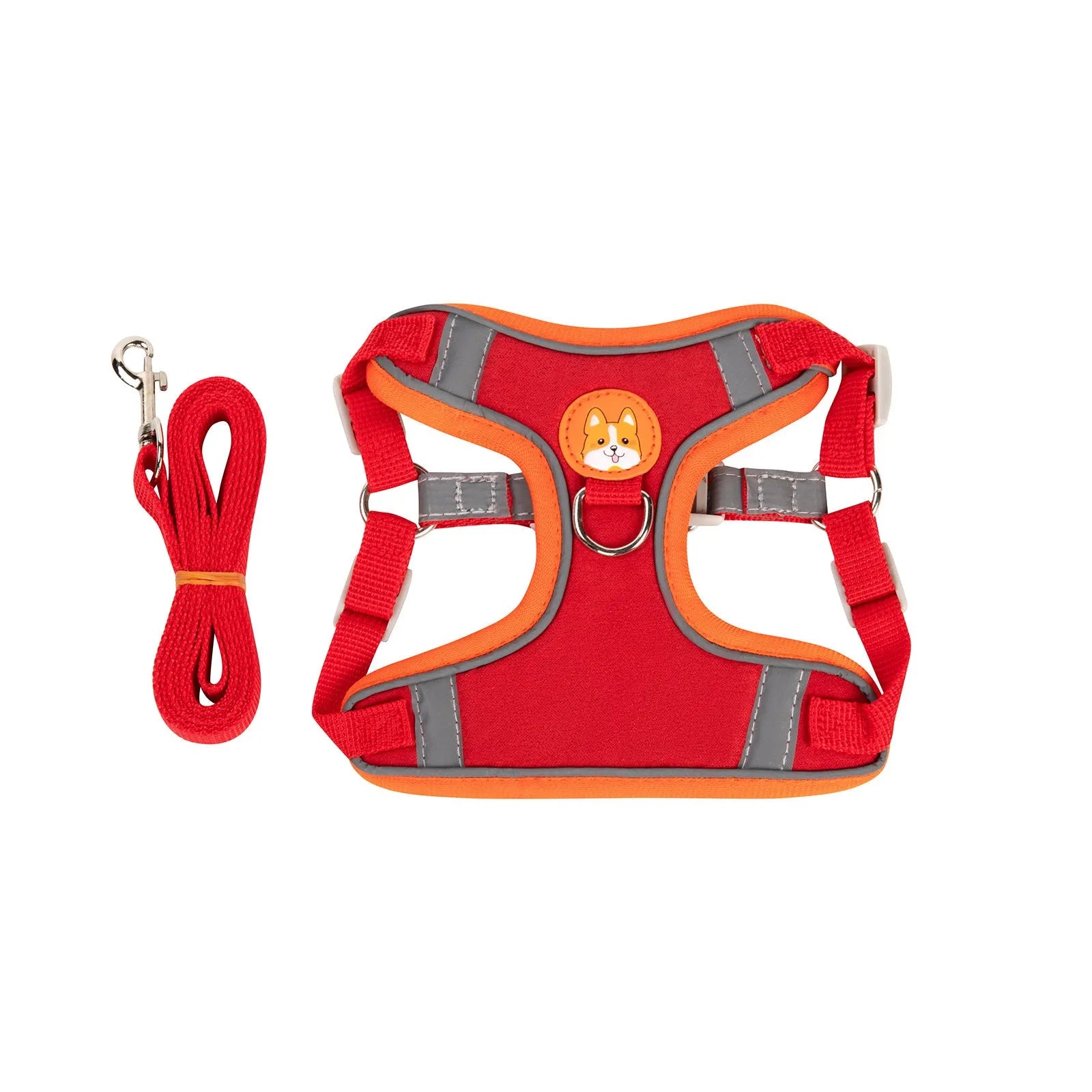 Adjustable dog harness vest with haulage rope in one of six colours: purple, blue, orange, red, brown, or green.