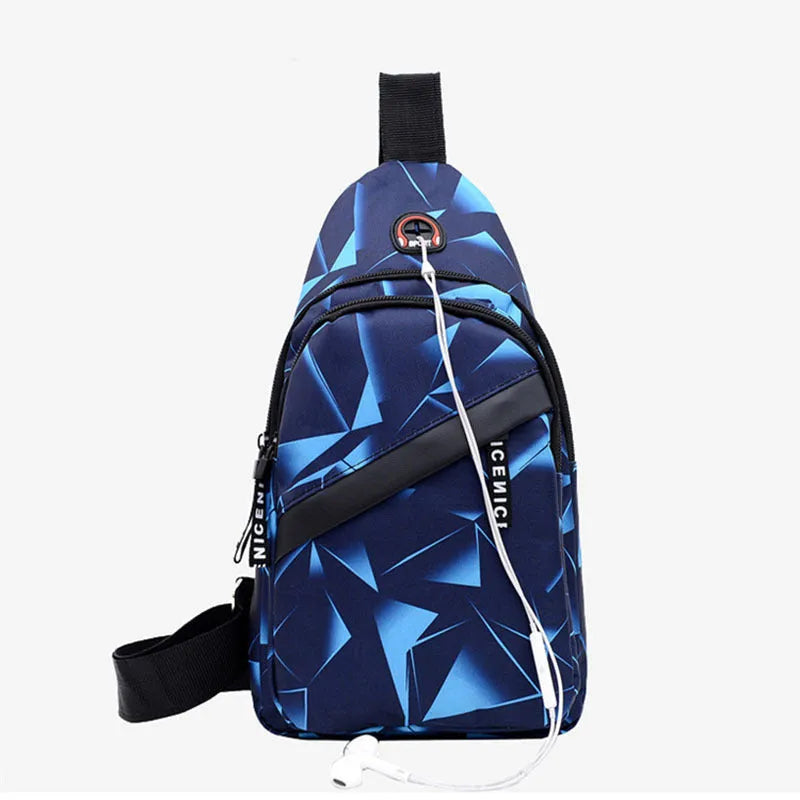 Men's blue print sling chest bag with a visible earphone hole and a single adjustable strap.