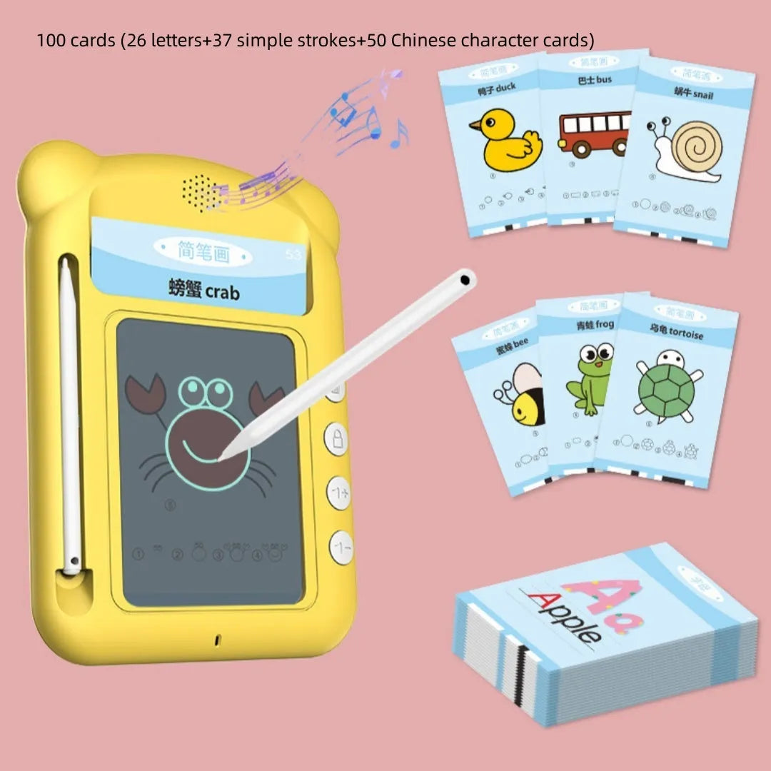 Yellow ABS plastic stick figure early learning machine with educational cards