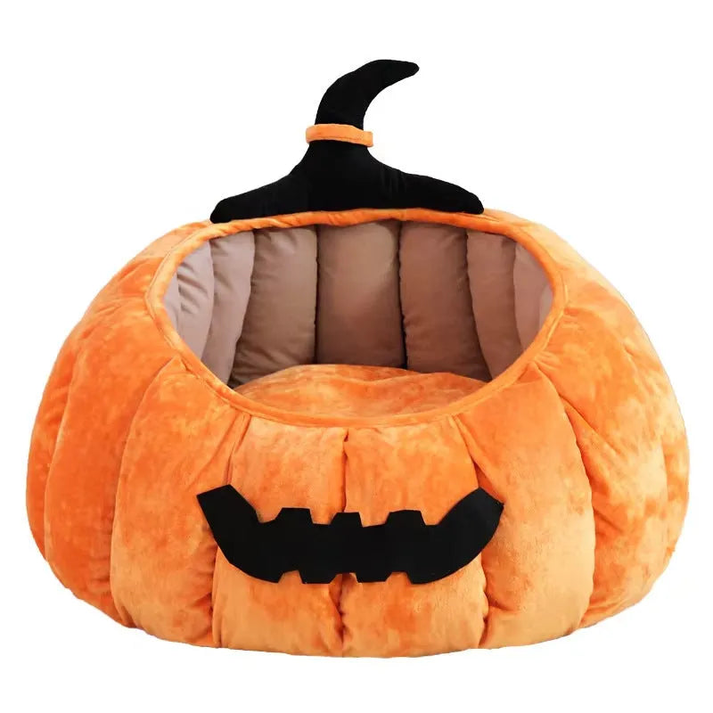 Halloween pumpkin devil design soft plush cat bed for small pets in black, orange, or pink.