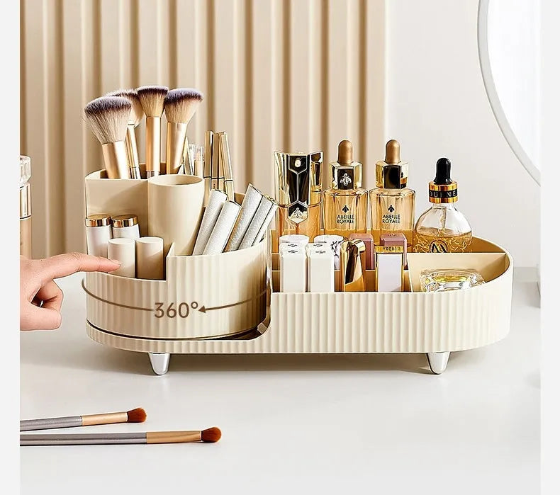 Rotating cosmetics storage box with makeup brushes and lipsticks organised on dresser table