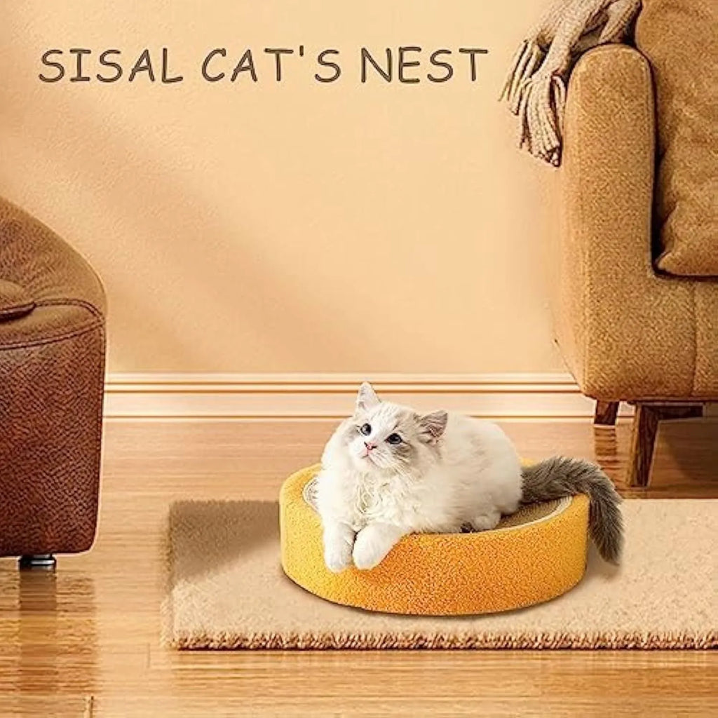 Yellow round sisal cat scratching board and bed with a concave centre for sleeping.