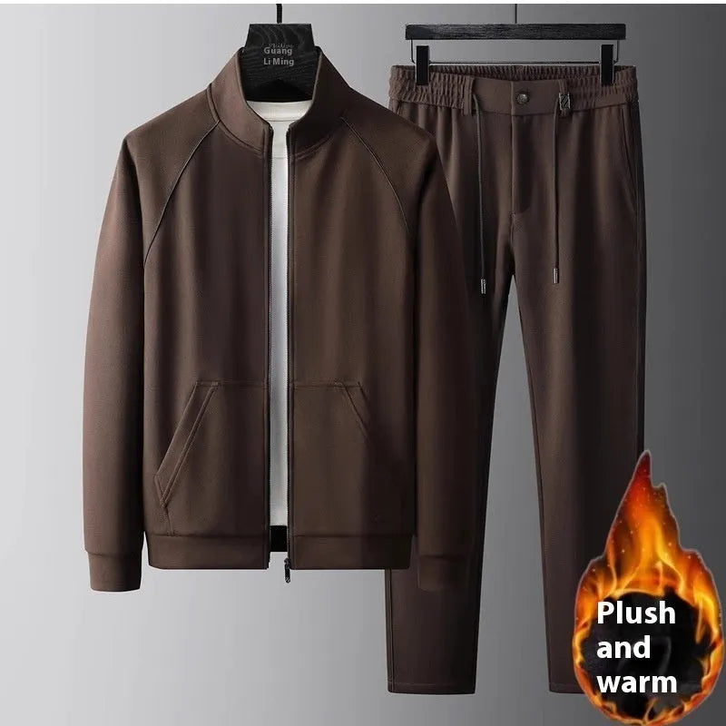 Men's slim fit stand collar tracksuit jacket and trousers in coffee colour