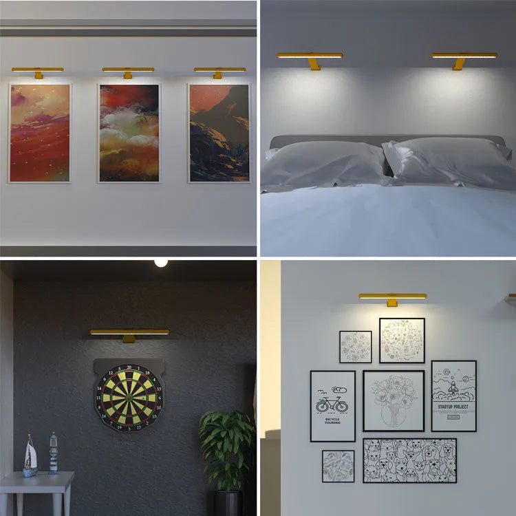 Oval gold oil painting lamp with magnetic mount and remote control placed above a bathroom mirror
